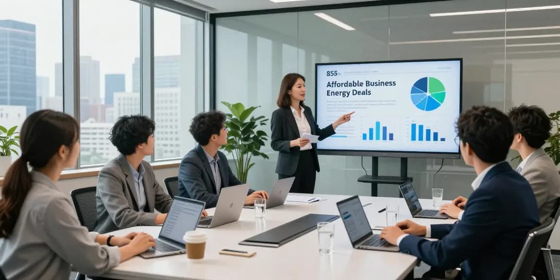 Collaboration in a modern office discussing affordable business energy deals 2026 with data visualizations on display.