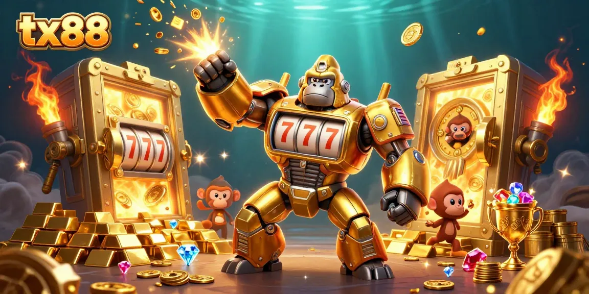 tx88 showcases a golden gorilla mech bursting with coins, alive with casino excitement.
