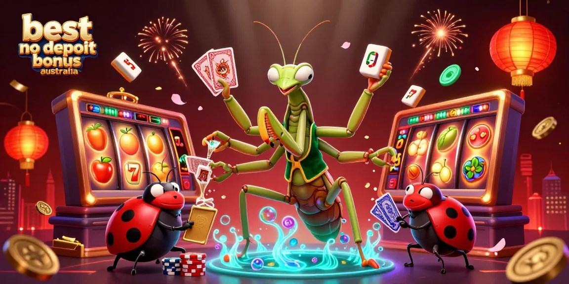 The best no deposit bonus Australia illustrated with a vibrant, dynamic casino scene featuring colorful slot reels and lively characters.
