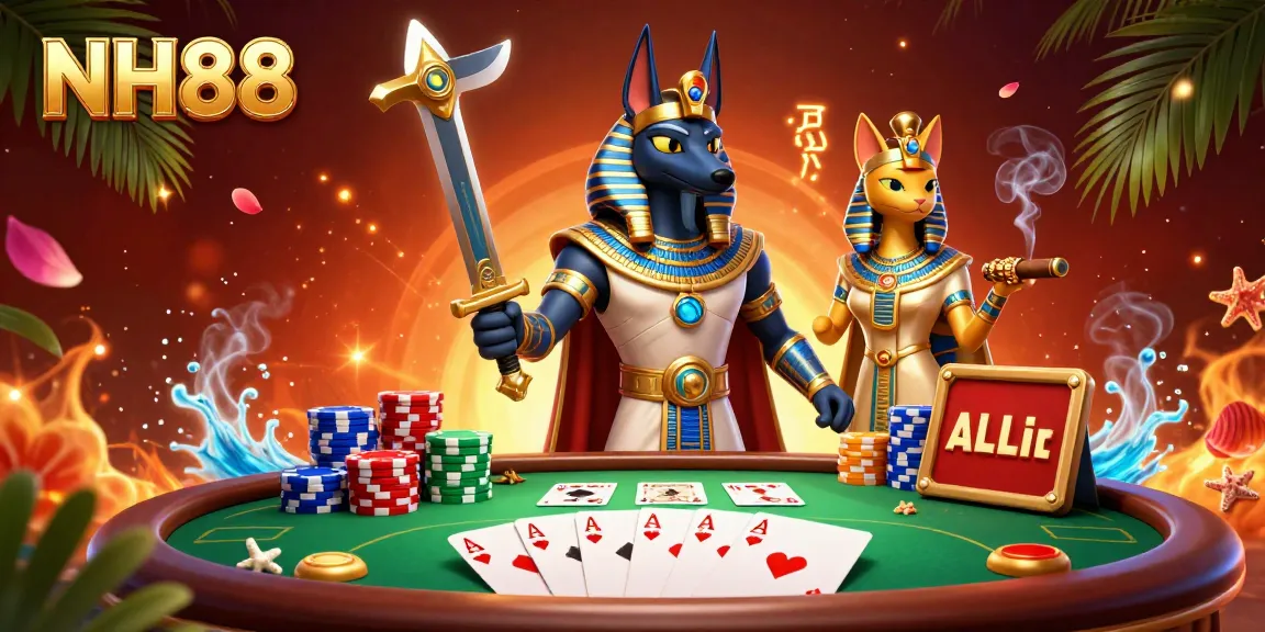 Experience thrilling gaming at NH88 with Anubis and Bastet amidst an extravagant poker scene.