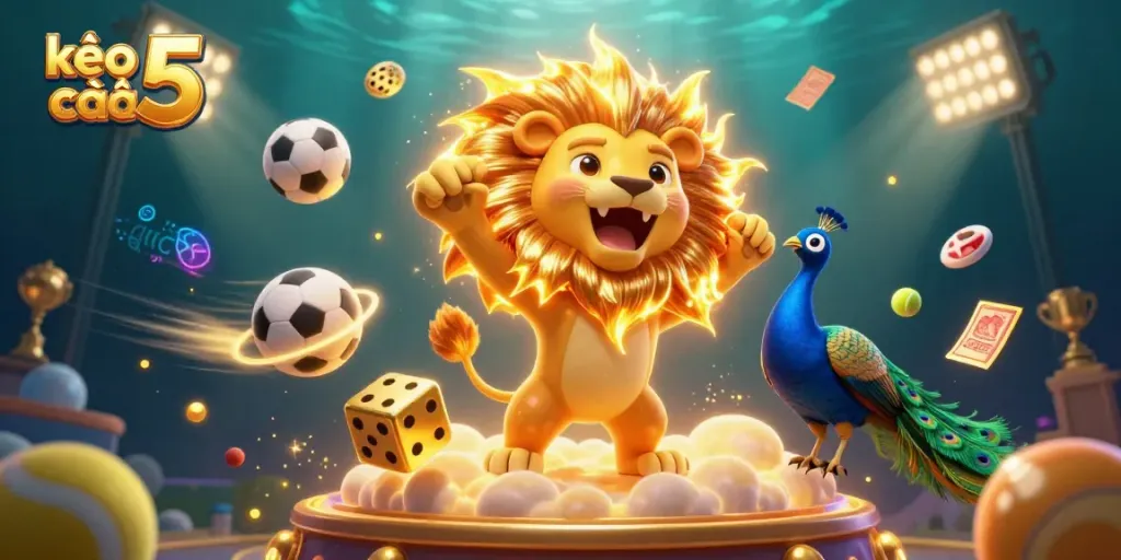 Experience kèo nhà cái 5 with vibrant sports elements, golden dice, and a triumphant sun lion.