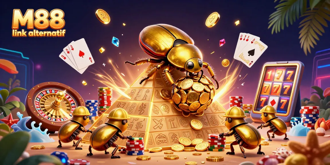 Experience the thrill of gaming with M88 link alternatif, featuring dazzling casino symbols and golden treasures.