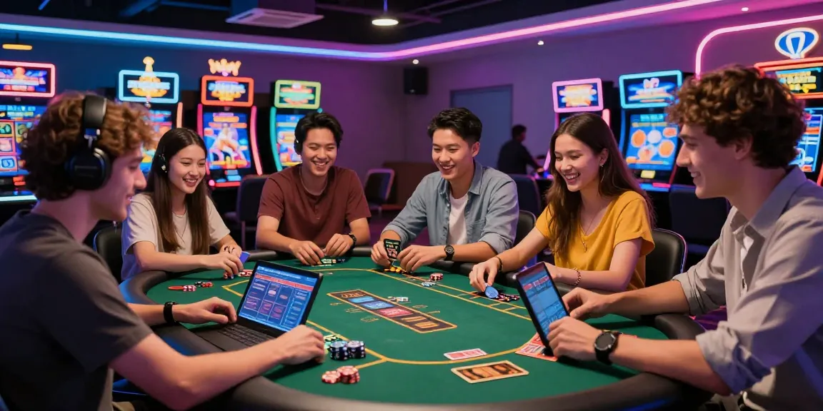Gruppe, die Spaß in einem Paysafe Card Casino hat, spielt und die lebhafte Atmosphäre genießt.