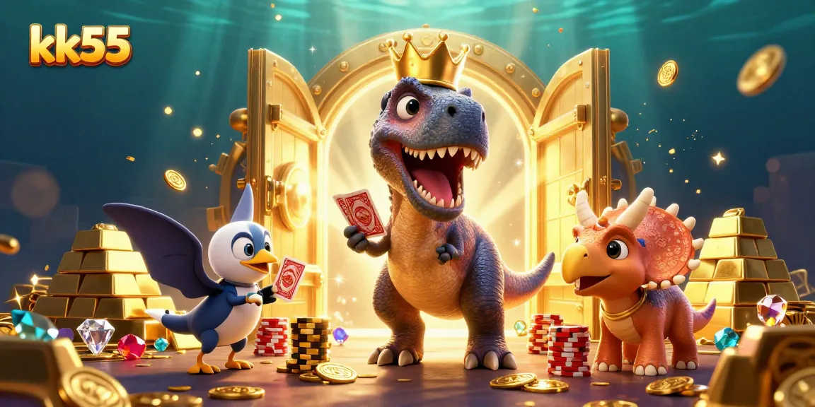 Play games and win at kk55 with a memorable dinosaur gambling scene featuring colorful casino elements.