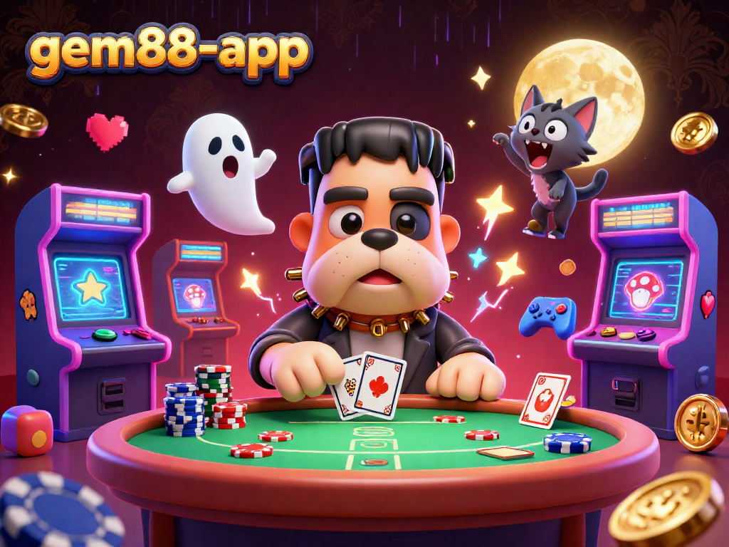Join the fun at gem88-app with a cartoon bulldog monster dealing cards at a spooky poker table.