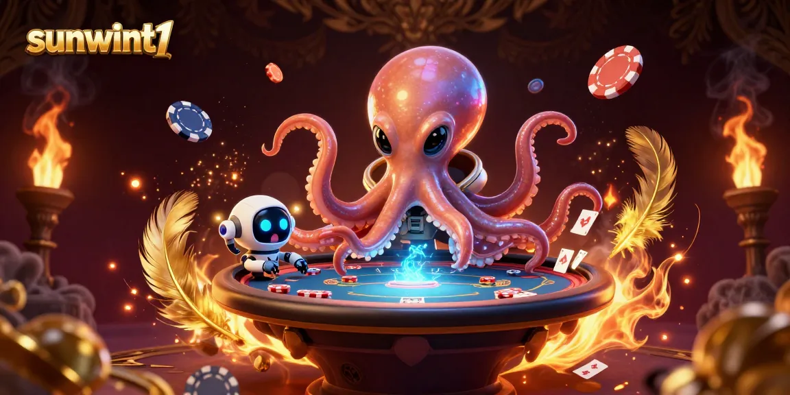 Join the alien octopus in a thrilling poker game at sunwint1, surrounded by vibrant casino elements.