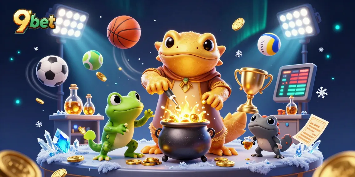 Engage with 9bet's vibrant scene showcasing a golden salamander alchemist creating wealth while sports elements soar.