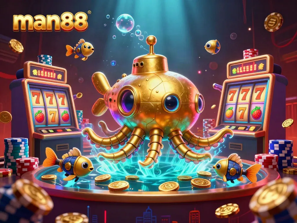 Experience thrilling casino action with man88's vibrant 3D kraken submarine amidst golden coins and exciting slot games.