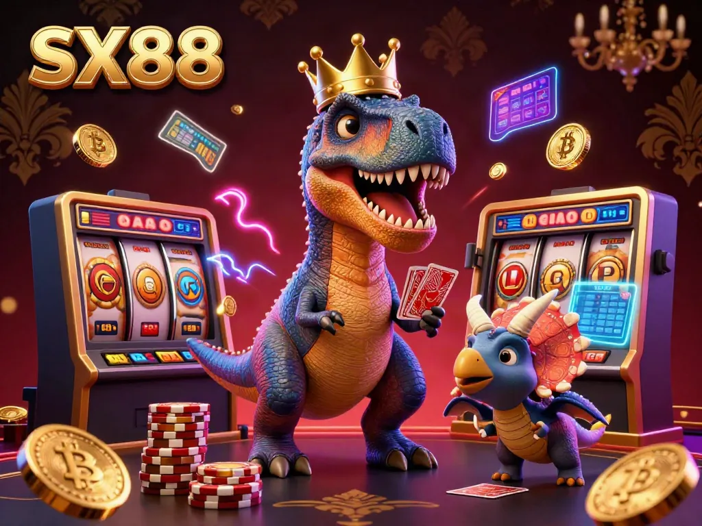 SX88 animated T-Rex shuffling cards in a vibrant casino scene filled with coins and game elements.