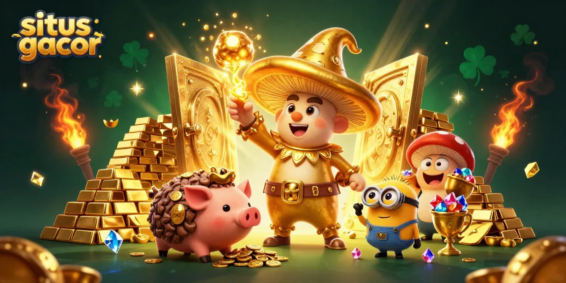 Engage with situs gacor, featuring a whimsical wizard and treasures in a rich 3D digital illustration.