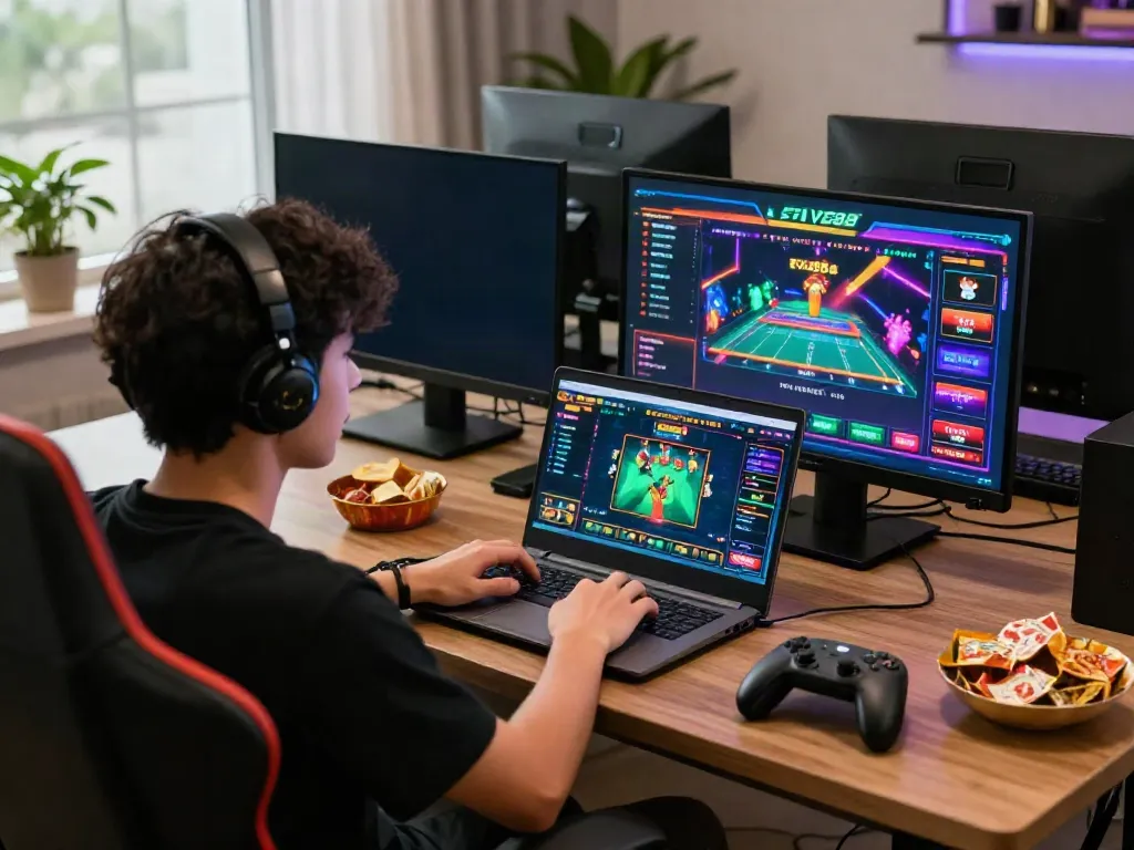 Exciting online gaming experience at https://five88bet.org/ featuring a player in a colorful home setting.