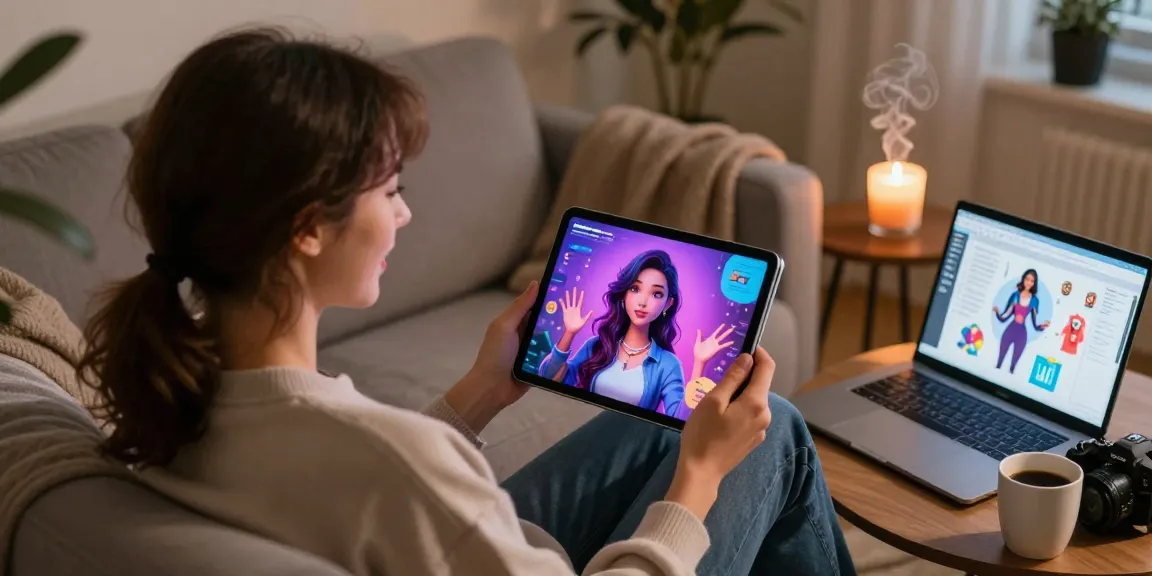 Engaging NSFW AI chat experience featuring a user interacting with a virtual girlfriend on a tablet while surrounded by cozy elements, highlighting modern digital companionship.