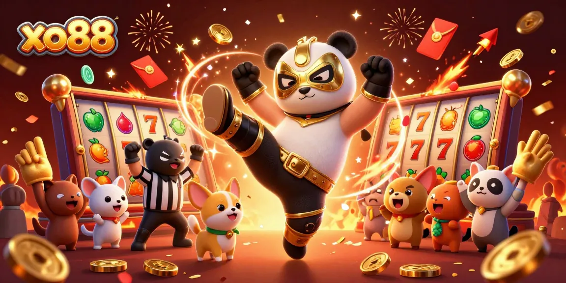 Experience exciting wins at xo88, featuring a lively wrestling scene with slot game elements and cheering crowd.