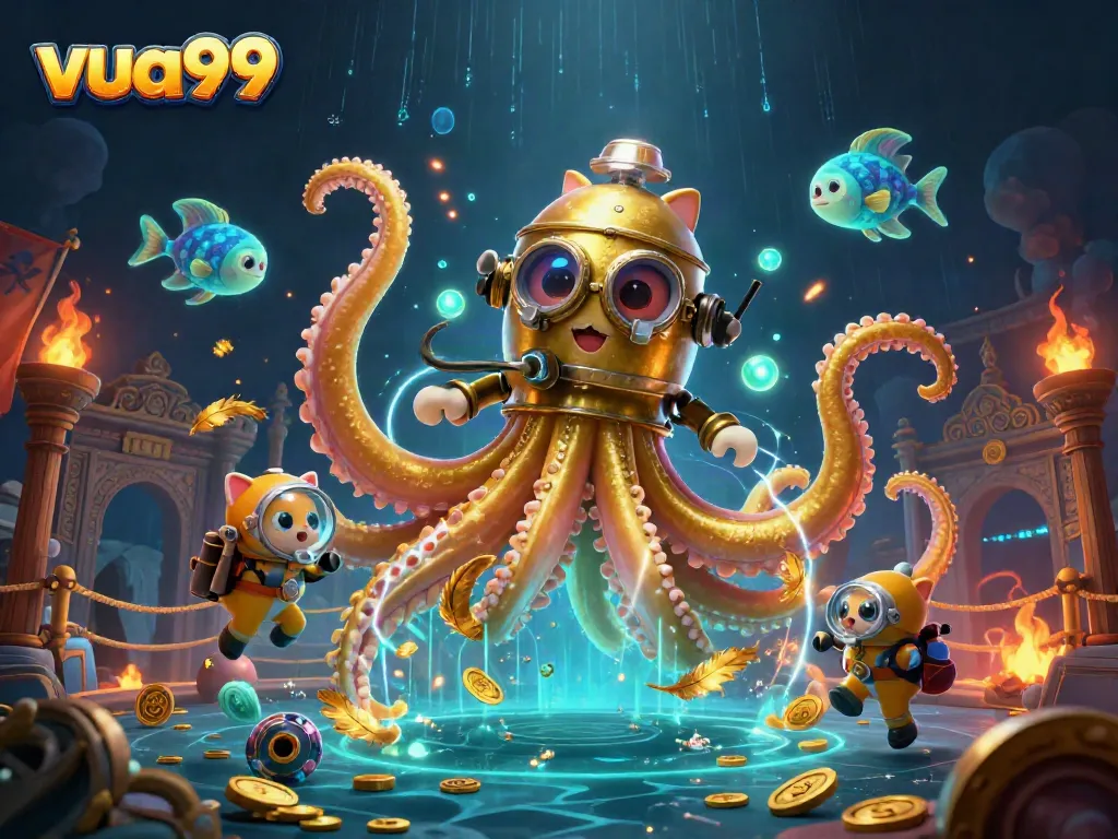 Win big at vua99 with thrilling underwater adventures featuring a kraken and diver.