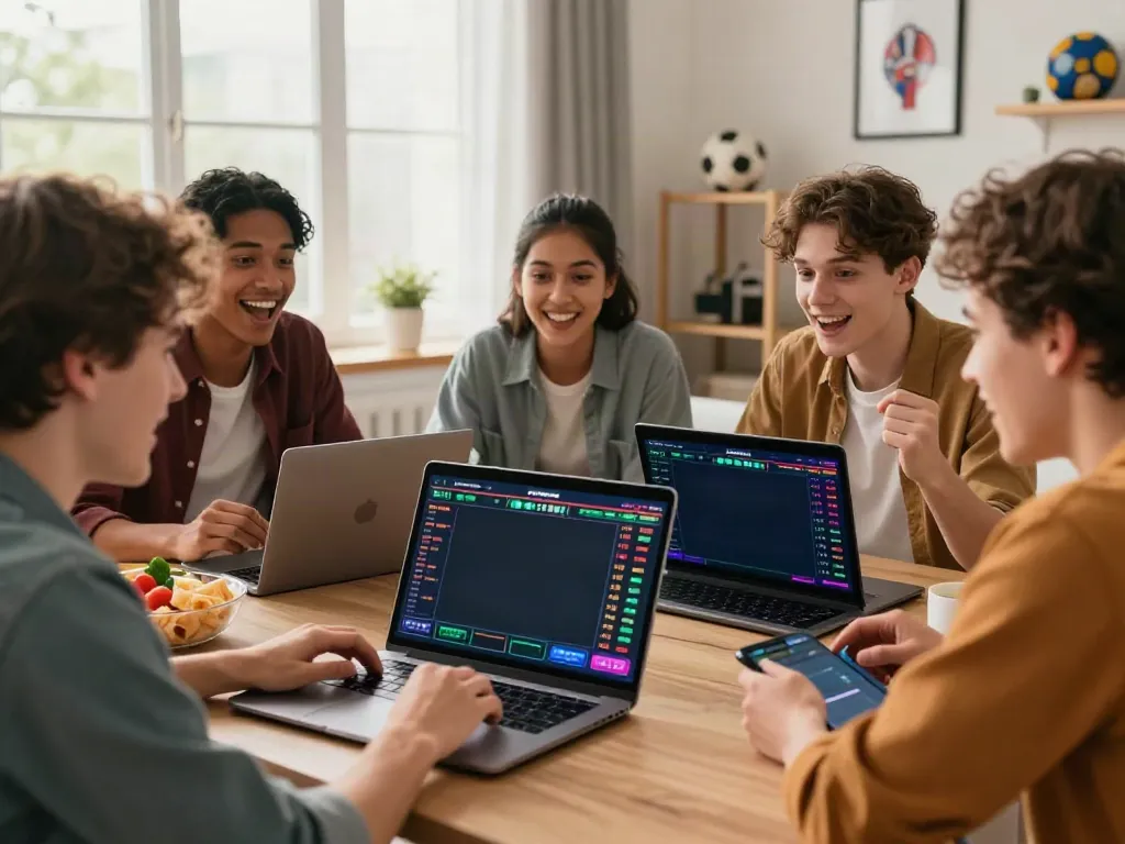 Friends excitedly placing bets on https://fabet.com.mx/ during a game day gathering with sports memorabilia.