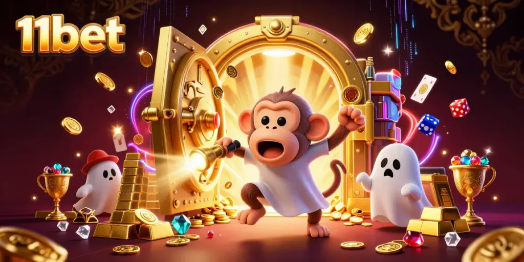 Engage in thrilling action at 11bet with golden treasures and ghostly adventures in a dynamic casino scene.
