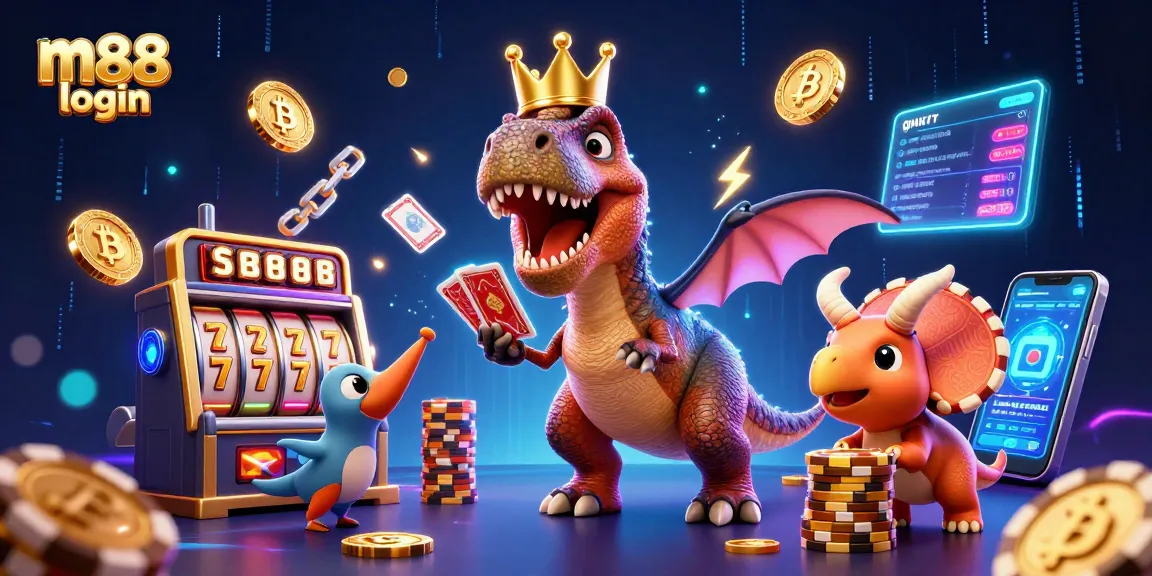 Play exciting games with M88 login featuring a T-Rex shuffling cards amid neon casino elements.