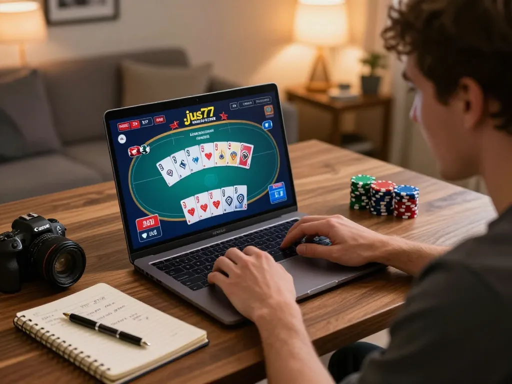 Player enjoying jus77 online casino gaming, showing engaged moments in a cozy home setting.