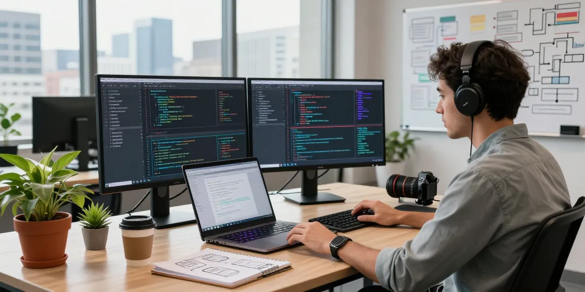 A software developer's workspace featuring WPS Official Website tools, multiple screens showcasing code and analytics, and vibrant office elements in a modern tech hub.