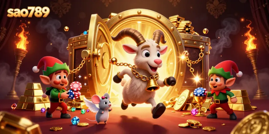 The 3D dynamic scene at sao789 features a Krampus goat managing a holiday casino with gremlins stealing chips.