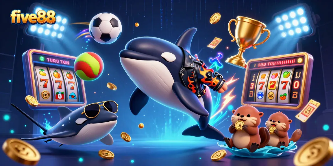 Experience winning moments with five88 as an orca whale jumps amidst slot reels and golden coins.