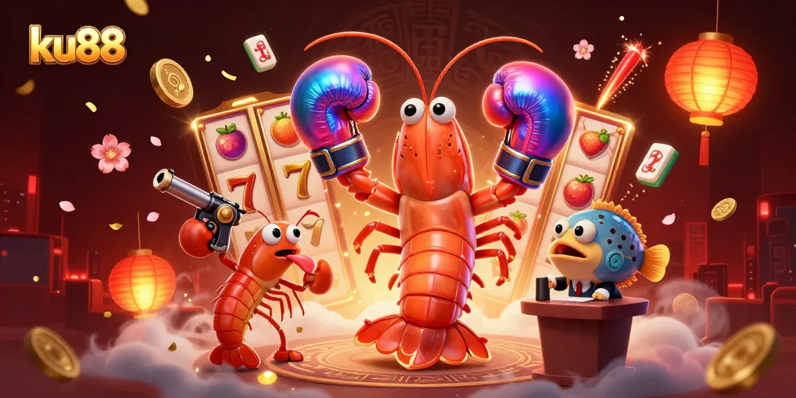 ku88 showcases a vibrant 3D scene with animated slot game action and lively characters.