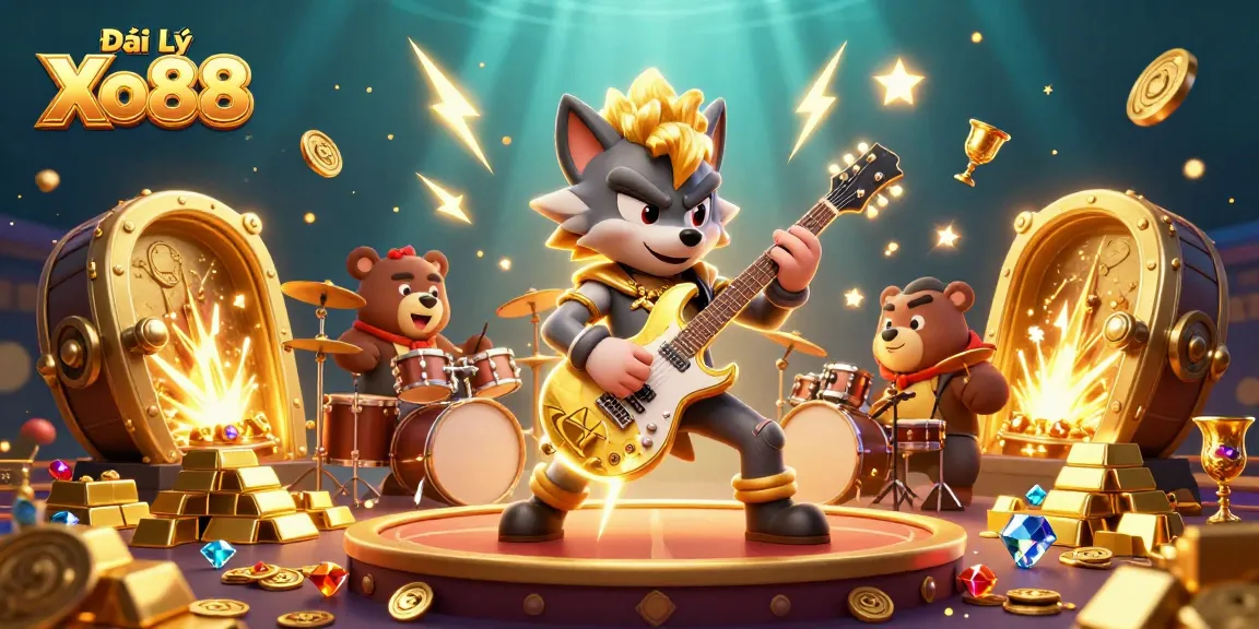 Experience the excitement of Đại Lý Xo88 with a vibrant 3D illustration capturing the energy of a rock star wolf and an energetic drummer bear surrounded by treasures.