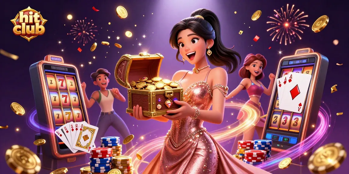 Experience the thrill of winning at hit club with an exciting scene of treasures and casino elements.