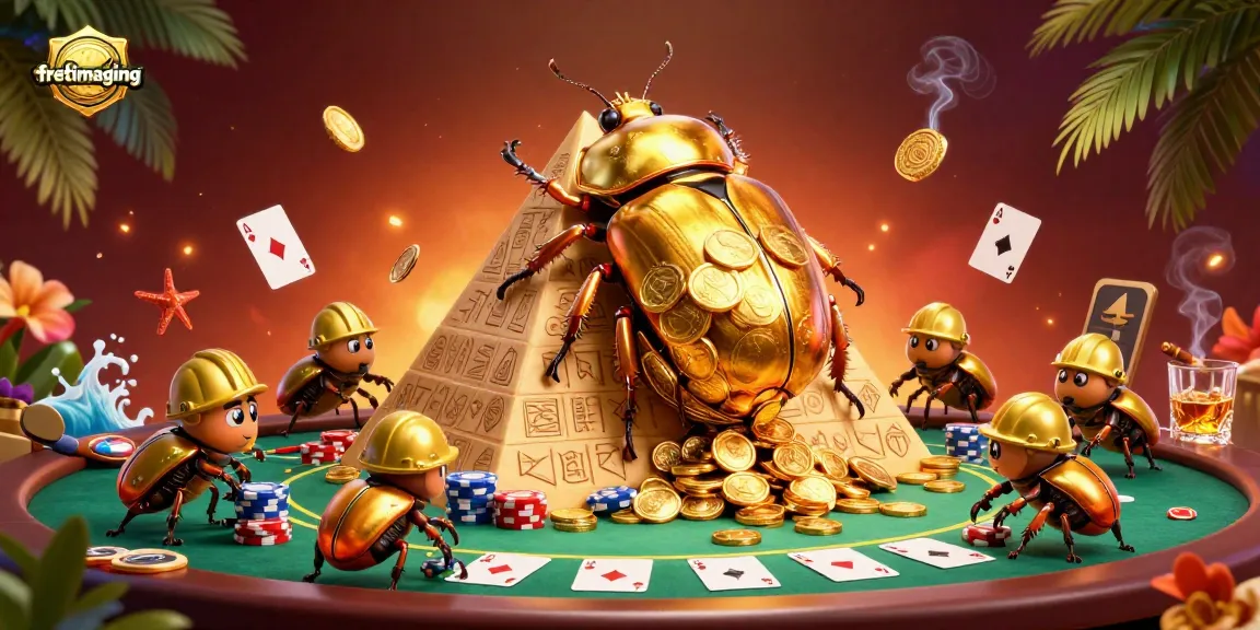 Experience thrilling gameplay with fretimaging featuring golden beetles and poker elements in a vibrant scene.