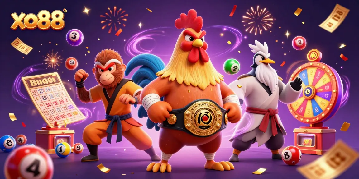Experience an exciting scene of xo88 featuring vibrant casino characters and lottery elements.