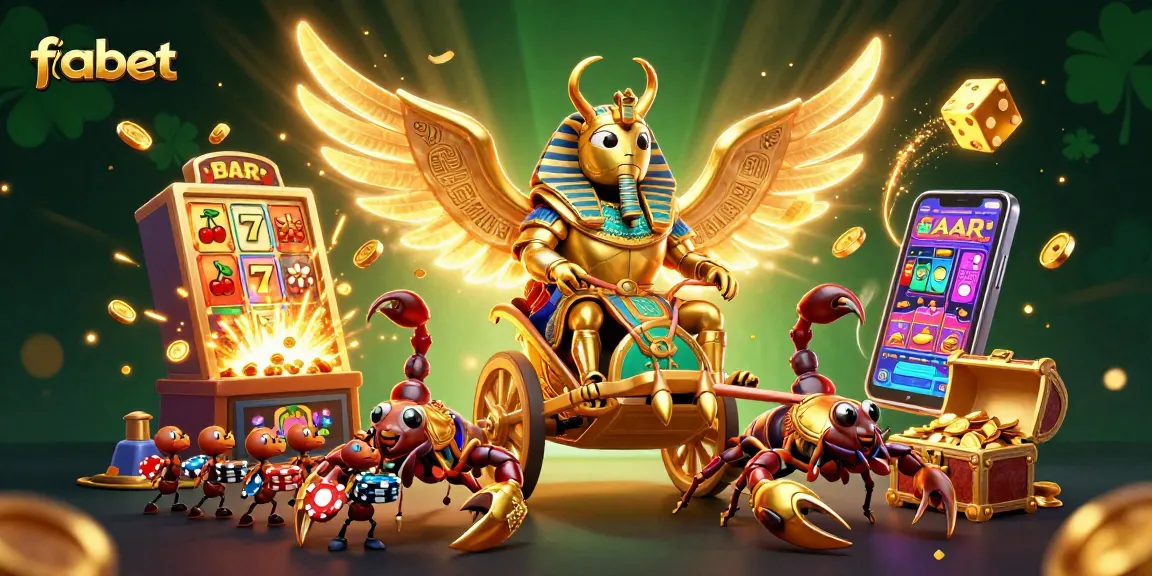 Experience thrilling gaming with fabet's vibrant casino scene showcasing golden beetles and jackpots.