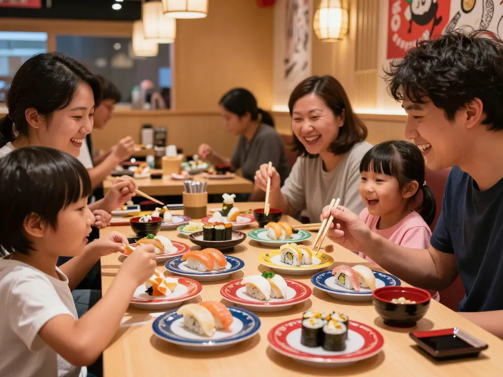 Keluarga menikmati sushi di ROKOK88, menampilkan pengalaman kuliner yang berwarna-warni dan produk yang lezat.