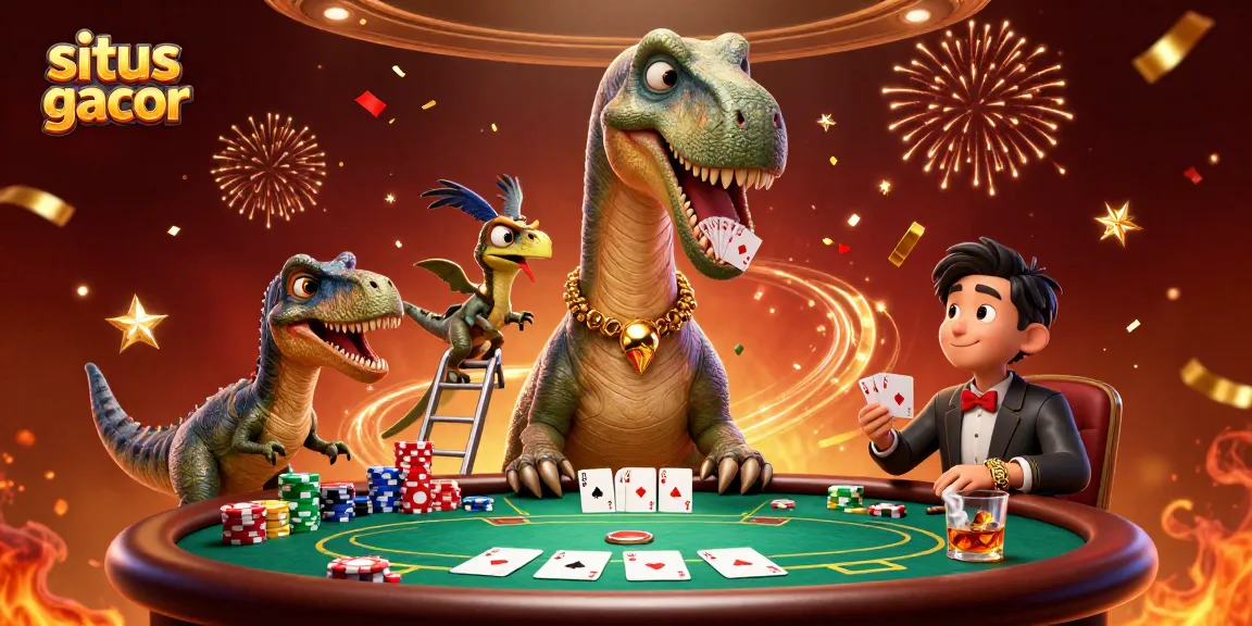 Engage with situs gacor in this vivid 3D casino scene featuring dinosaurs and poker.