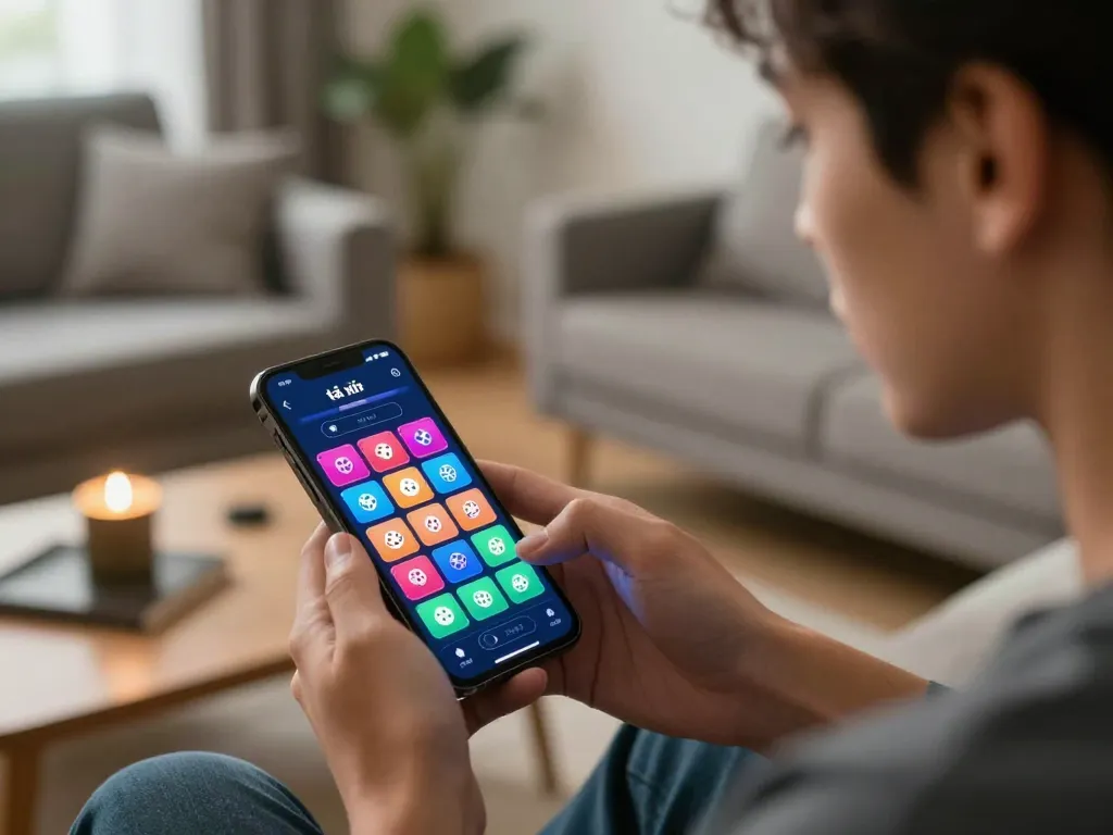Engaging with app tài xỉu online for a thrilling gaming experience on smartphone in a cozy setting