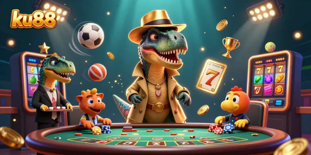 Experience the thrills of ku88 with a velociraptor card counter and fascinating loot in a vibrant casino.