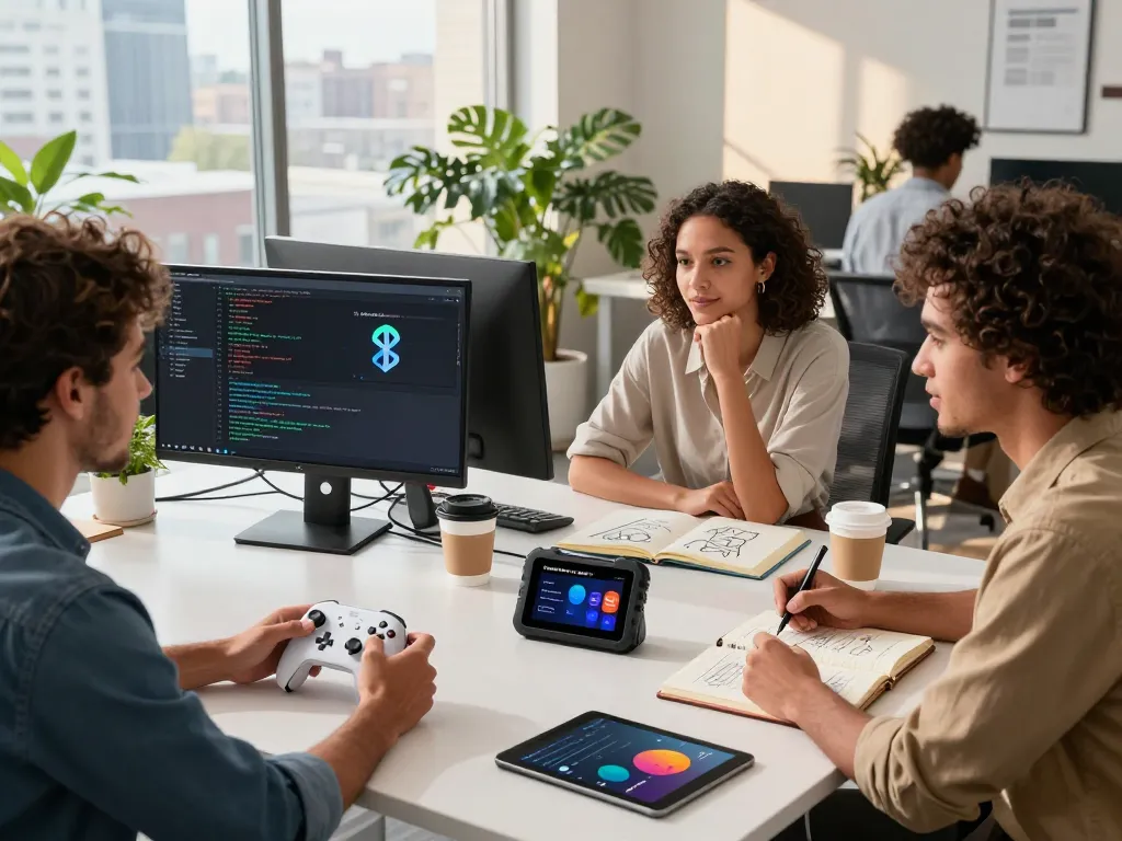 Showcasing the top 10 tech gadgets 2043, a diverse team collaborates in a modern office, emphasizing innovation and connectivity.