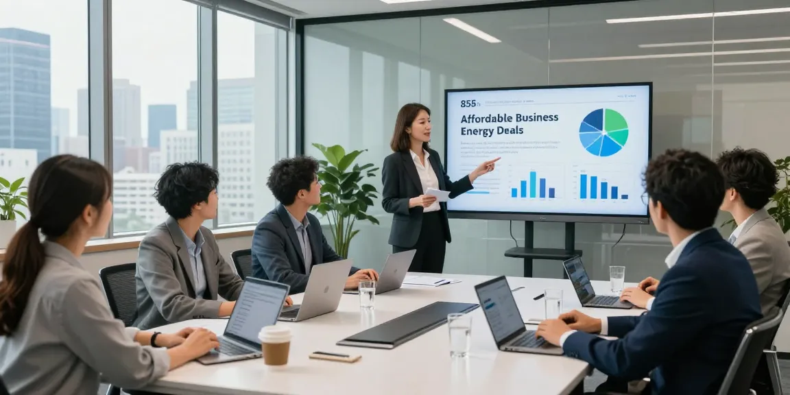 Collaboration in a modern office discussing affordable business energy deals 2026 with data visualizations on display.