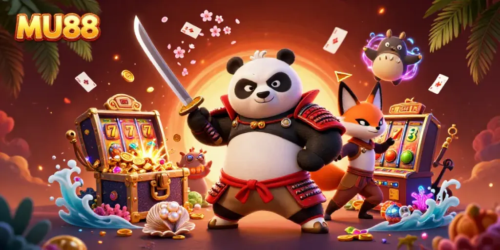 Experience thrilling gameplay at MU88 with vibrant cartoon characters and dynamic slot machine elements.