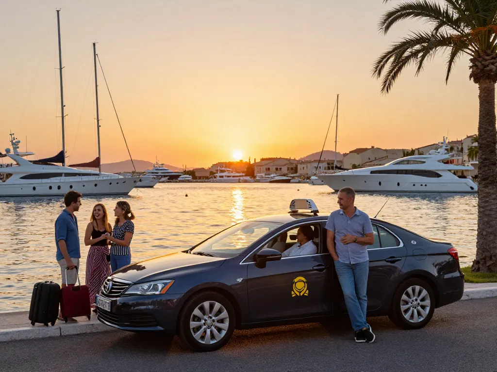 Taxi Saint-Tropez garé près du port avec des voyageurs profitant des vues au coucher du soleil.