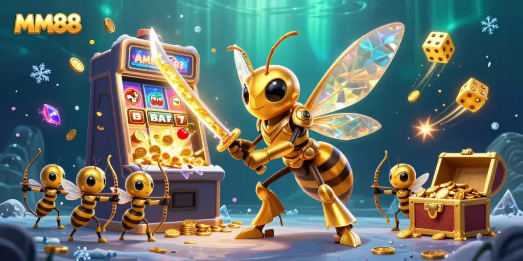 MM88's vibrant casino scene features a samurai hornet and gold treasures amidst jackpot symbols.