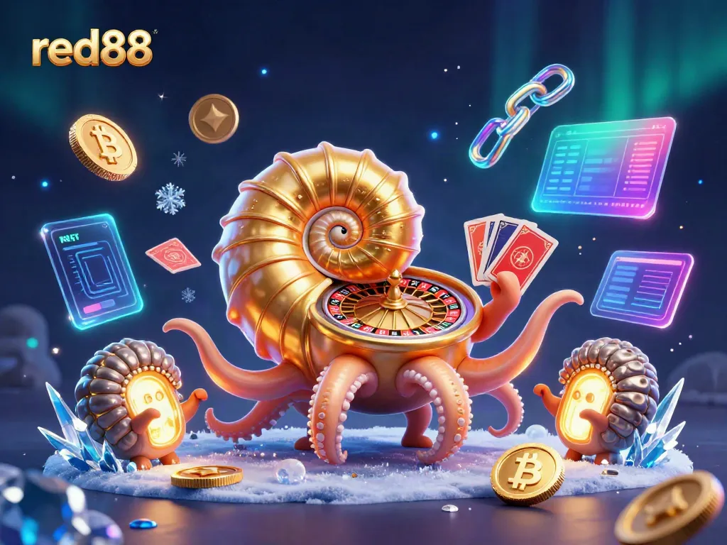Experience the thrill of red88 with a giant nautilus roulette wheel and glowing ancient fossils in an immersive casino scene.