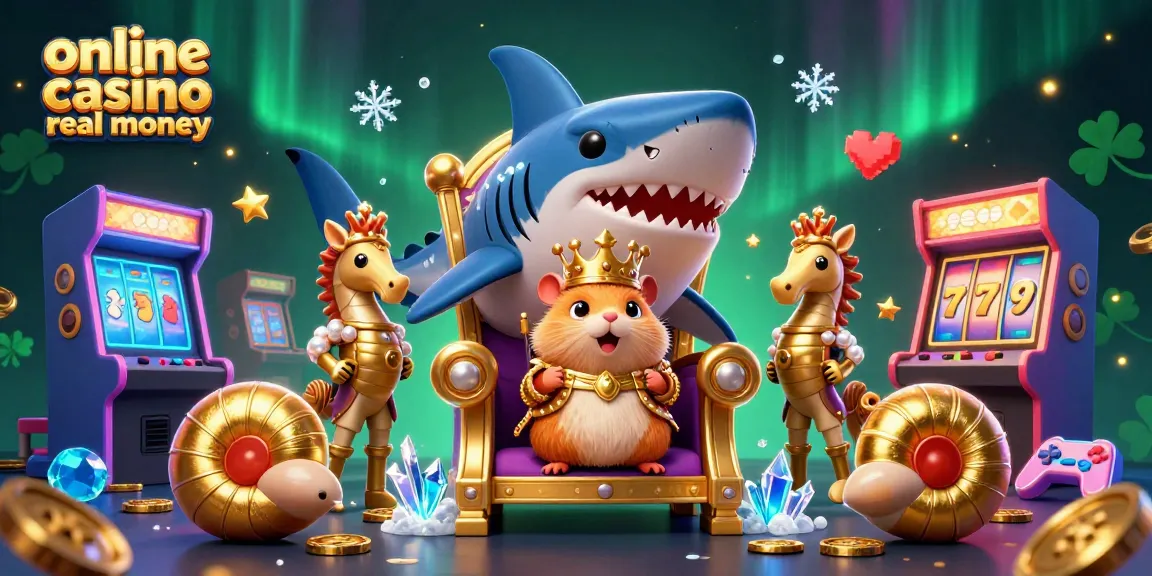 Engage with thrilling online casino real money games featuring a gold hamster king on a megalodon throne amid colorful arcade elements.