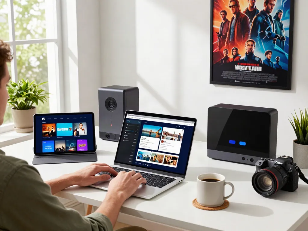 Workspace showcasing MovieBox Pro for PC usage at mymovieboxproapp.com/moviebox-pro-for-pc/ with streaming devices.