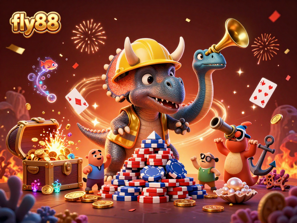 Experience the excitement of fly88 with triceratops building poker chips amidst vibrant gaming elements.