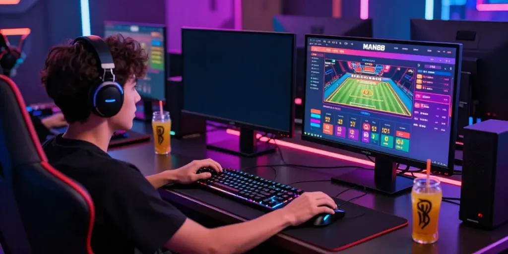 Exciting online gaming scene with players exploring MAN88 platform on dual monitors.